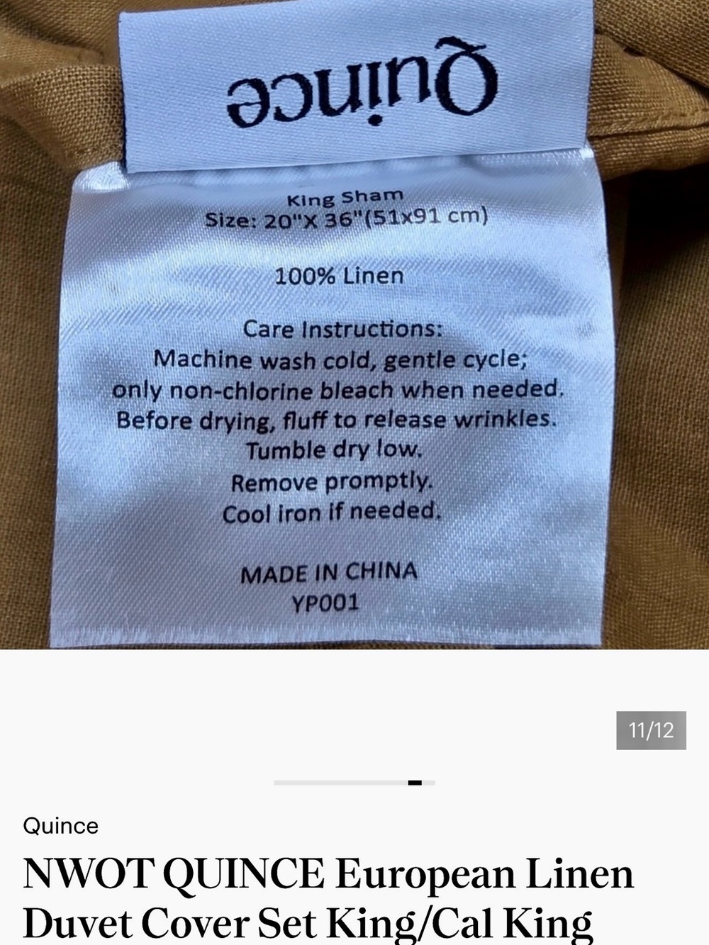 NWOT QUINCE European Linen Duvet Cover Set King/Cal King Tobacco 9765 - Picture 5 of 7